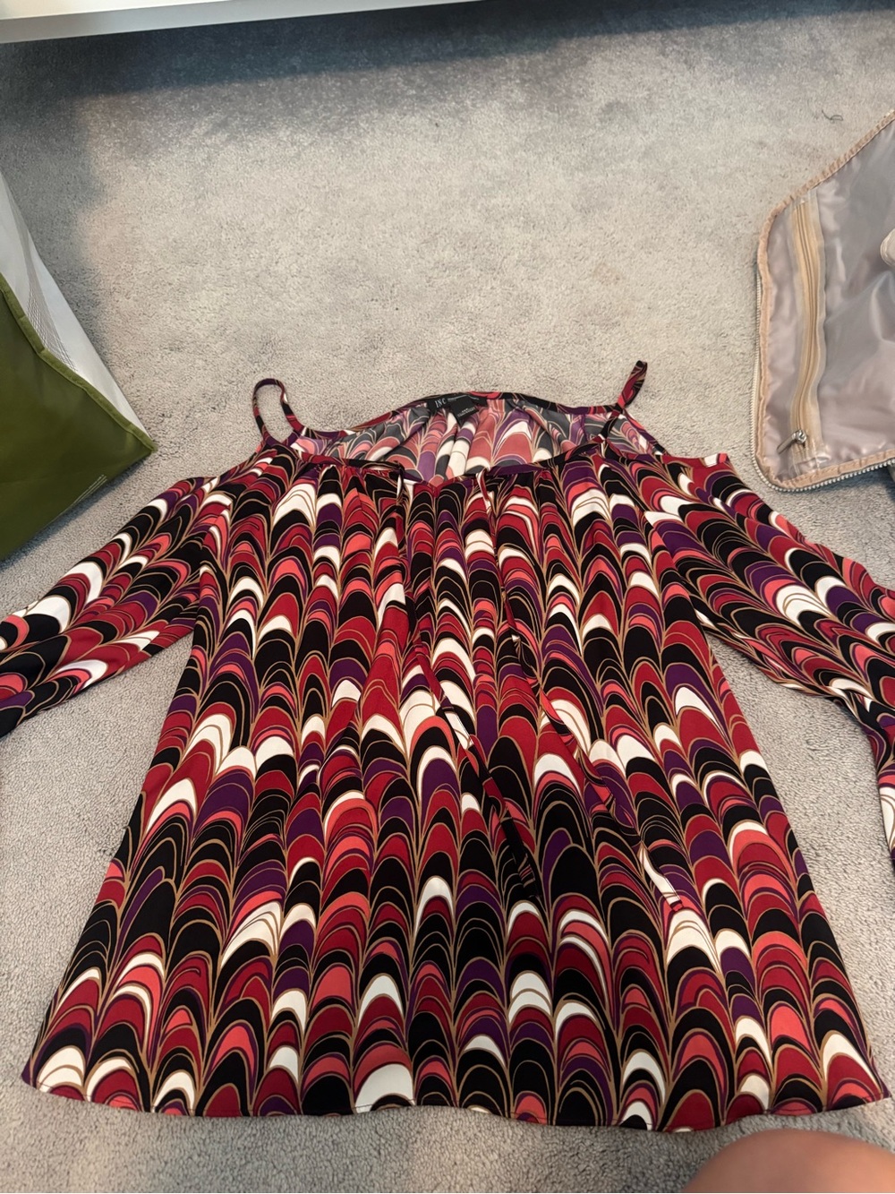 INC International Concepts Red Black Cream Wave-Print Cold-Shoulder Dress